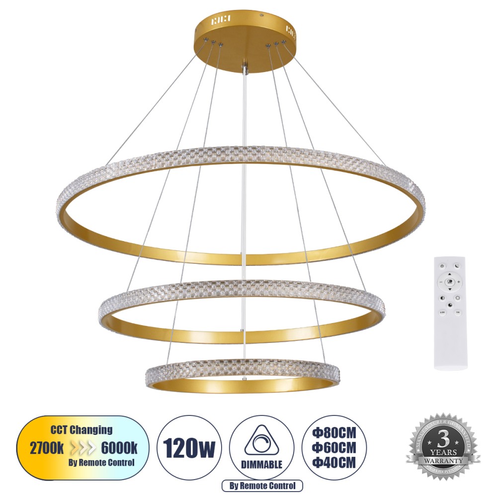 GLOBOSTAR® DIAMOND TRIO 61139 Μοντέρνο Κρεμαστό Φωτιστικό Οροφής LED 120W 14723lm 360° AC 220-240V IP20 Ρυθμιζόμενο Λευκό CCT με Χειριστήριο από 2700K έως 6000K Dimmable - Lumileds SMD Chip - Χρυσό Βούρτσας - Μ80 x Π80 x Υ60cm - 3 Χρόνια Εγγύηση