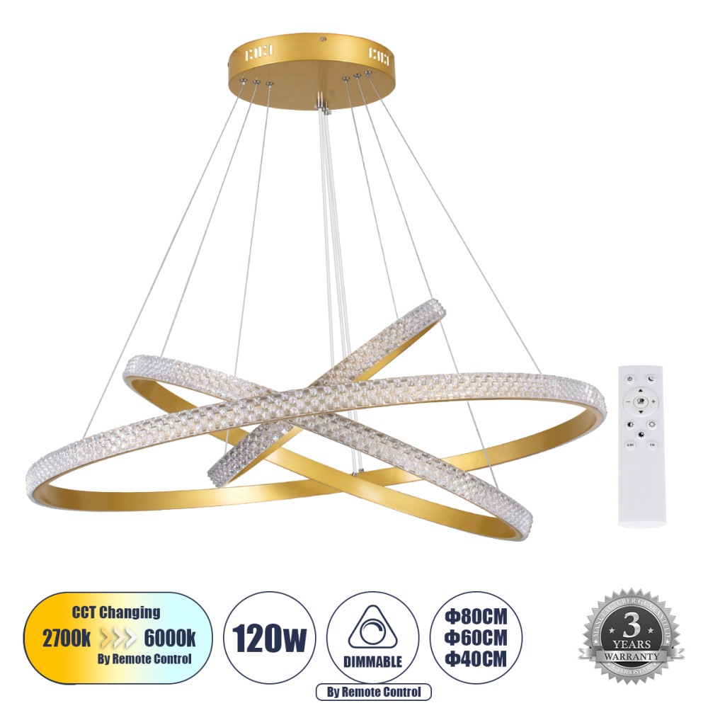 GLOBOSTAR® DIAMOND TRIO 61139-DECO Μοντέρνο Κρεμαστό Φωτιστικό Οροφής LED 120W 14723lm 360° AC 220-240V IP20 Ρυθμιζόμενο Λευκό CCT με Χειριστήριο από 2700K έως 6000K Dimmable - Lumileds SMD Chip - Χρυσό Βούρτσας - Μ40 x Π60 x Υ80cm - 3 Χρόνια Εγγύηση