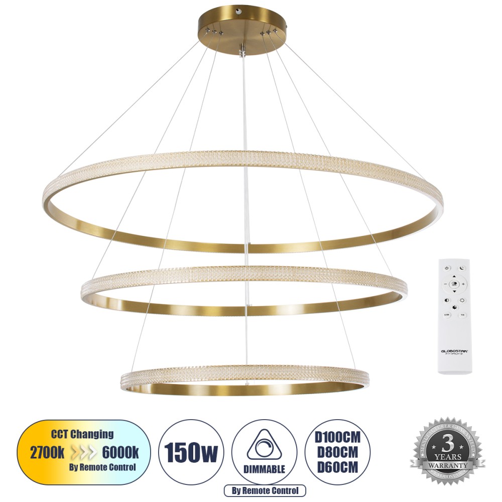GLOBOSTAR® DIAMOND TRIO 61141 Μοντέρνο Κρεμαστό Φωτιστικό Οροφής LED 150W 18379lm 360° AC 220-240V IP20 Ρυθμιζόμενο Λευκό CCT με Χειριστήριο από 2700K έως 6000K Dimmable - Lumileds SMD Chip - Χρυσό Βούρτσας - Μ100 x Π100 x Υ60cm - 3 Χρόνια Εγγύηση