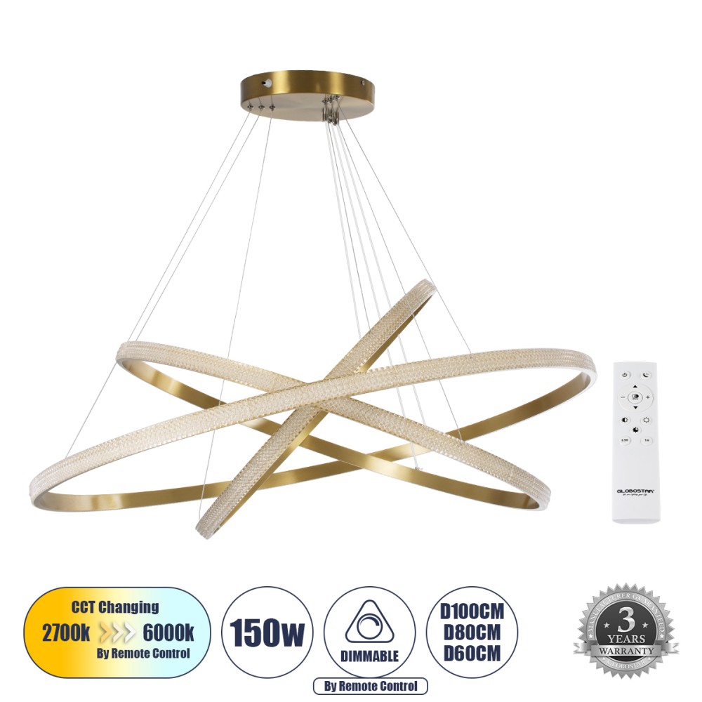 GLOBOSTAR® DIAMOND TRIO 61141-DECO Μοντέρνο Κρεμαστό Φωτιστικό Οροφής LED 150W 18379lm 360° AC 220-240V IP20 Ρυθμιζόμενο Λευκό CCT με Χειριστήριο από 2700K έως 6000K Dimmable - Lumileds SMD Chip - Χρυσό Βούρτσας - Μ60 x Π80 x Υ100cm - 3 Χρόνια Εγγύηση