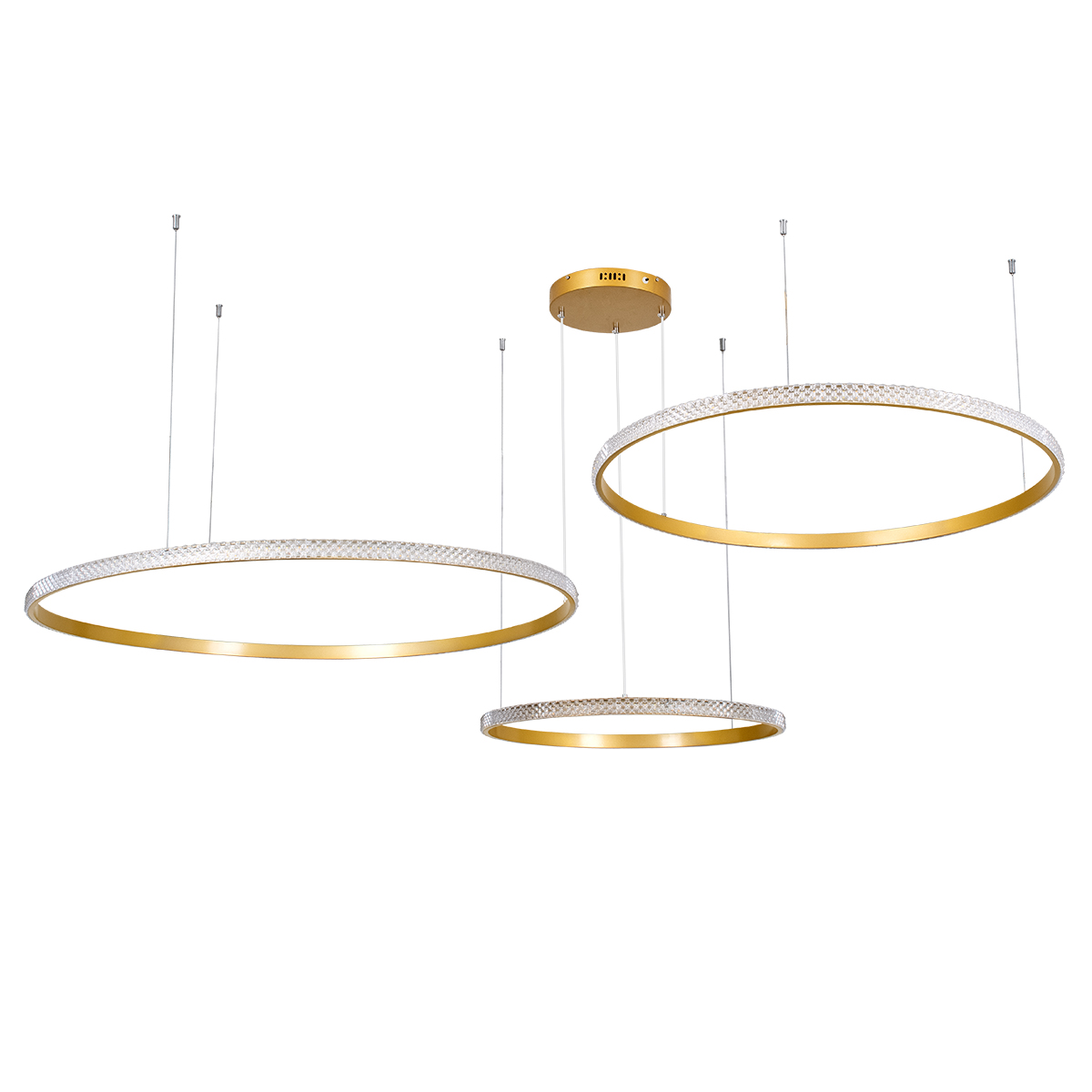 GloboStar® DIAMOND TRIO 61147 Κρεμαστό Φωτιστικό Δαχτυλίδι-Κύκλος LED CCT 150W 18379lm 360° AC 220-240V - Εναλλαγή Φωτισμού μέσω Τηλεχειριστηρίου All In One Ψυχρό 6000k+Φυσικό 4500k+Θερμό 2700k Dimmable Φ60+80+100cm - Χρυσό Βούρτσας - 3 Years Warranty