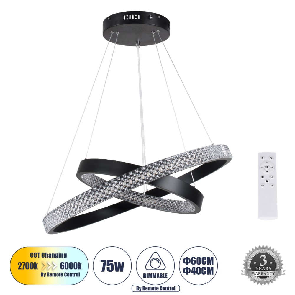 GLOBOSTAR® DIAMOND DUO 61150-DECO Μοντέρνο Κρεμαστό Φωτιστικό Οροφής LED 75W 8743lm 360° AC 220-240V IP20 Ρυθμιζόμενο Λευκό CCT με Χειριστήριο από 2700K έως 6000K Dimmable - Lumileds SMD Chip - Μαύρο - Μ60 x Π60 x Υ40cm - 3 Χρόνια Εγγύηση