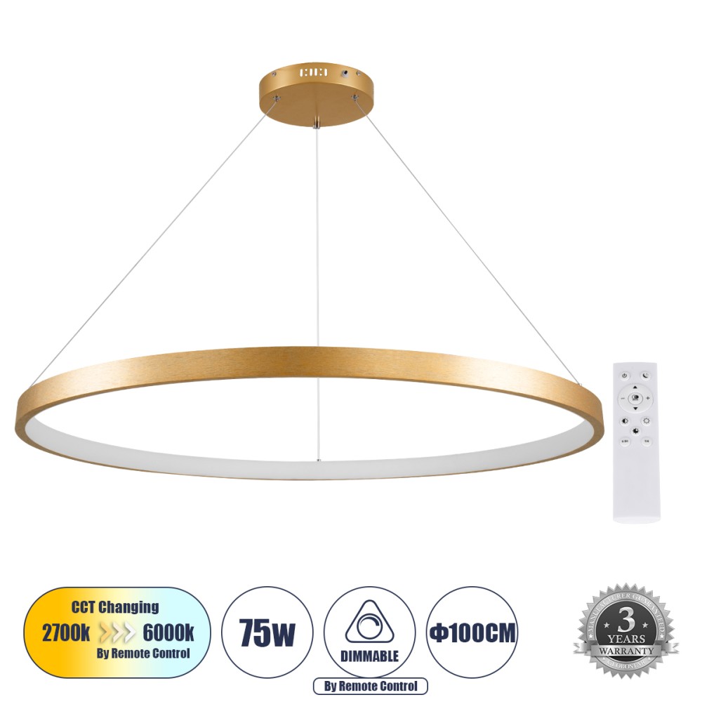 GLOBOSTAR® NEMESIS 61166 Μοντέρνο Κρεμαστό Φωτιστικό Οροφής LED 75W 8743lm 360° AC 220-240V IP20 Ρυθμιζόμενο Λευκό CCT με Χειριστήριο από 2700K έως 6000K Dimmable - Lumileds SMD Chip - Χρυσό Βούρτσας - Μ100 x Π100 x Υ4cm - 3 Χρόνια Εγγύηση