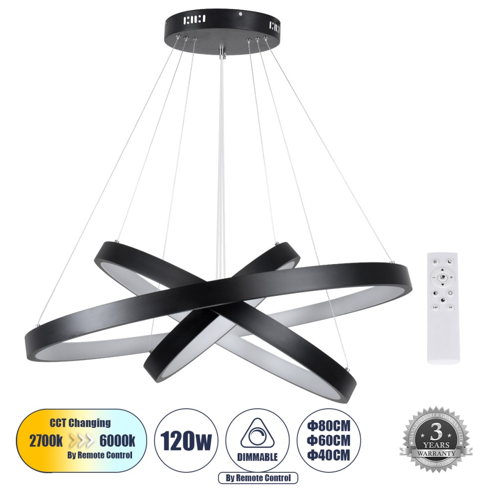 GLOBOSTAR® NEMESIS TRIO 61170-DECO Μοντέρνο Κρεμαστό Φωτιστικό Οροφής LED 120W 14723lm 360° AC 220-240V IP20 Ρυθμιζόμενο Λευκό CCT με Χειριστήριο από 2700K έως 6000K Dimmable - Lumileds SMD Chip - Μαύρο - Μ80 x Π80 x Υ90cm - 3 Χρόνια Εγγύηση