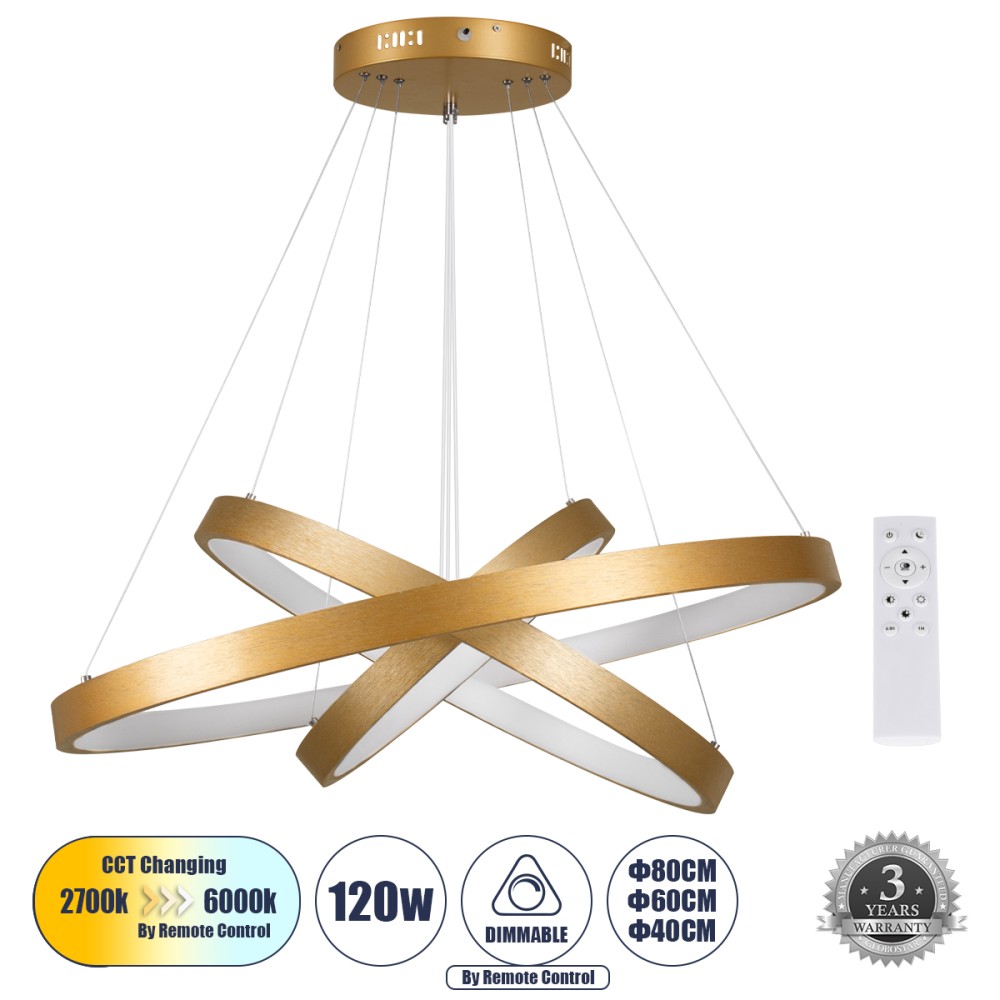 GLOBOSTAR® NEMESIS TRIO 61172-DECO Μοντέρνο Κρεμαστό Φωτιστικό Οροφής LED 120W 14723lm 360° AC 220-240V IP20 Ρυθμιζόμενο Λευκό CCT με Χειριστήριο από 2700K έως 6000K Dimmable - Lumileds SMD Chip - Χρυσό Βούρτσας - Μ40 x Π60 x Υ80cm - 3 Χρόνια Εγγύηση