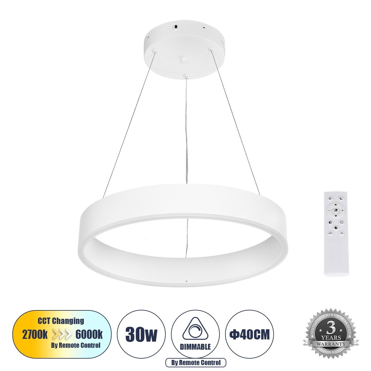 GloboStar® VENOM 61174 Κρεμαστό Φωτιστικό Δαχτυλίδι-Κύκλος LED CCT 30W 3513lm 120° AC 220-240V - Εναλλαγή Φωτισμού μέσω Τηλεχειριστηρίου All In One Ψυχρό 6000K+Φυσικό 4500K+Θερμό 2700K Dimmable Φ40cm - Λευκό - 3 Years Warranty
