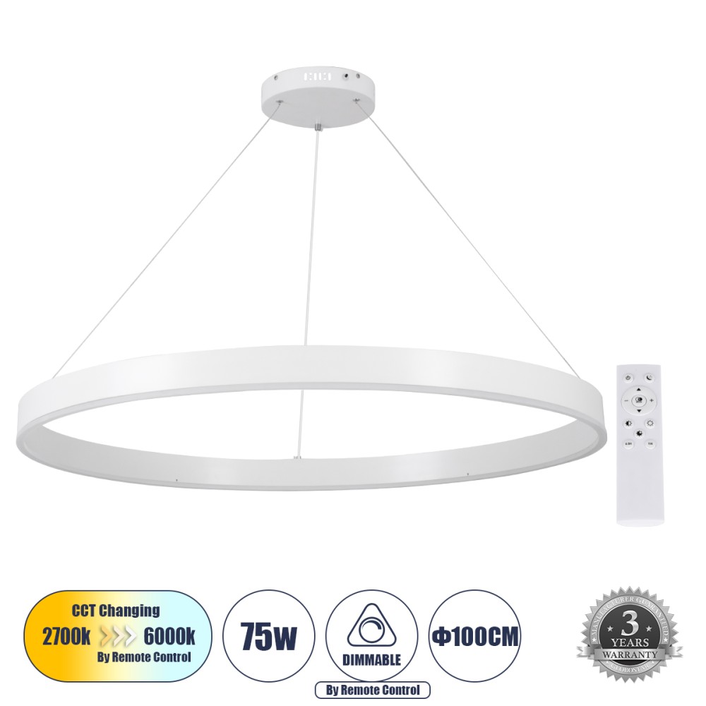 GLOBOSTAR® VENOM 61183 Μοντέρνο Κρεμαστό Φωτιστικό Οροφής LED 75W 8818lm 120° AC 220-240V IP20 Ρυθμιζόμενο Λευκό CCT με Χειριστήριο από 2700K έως 6000K Dimmable - Lumileds SMD Chip - Λευκό Ματ - Μ100 x Π100 x Υ6.5cm - 3 Χρόνια Εγγύηση