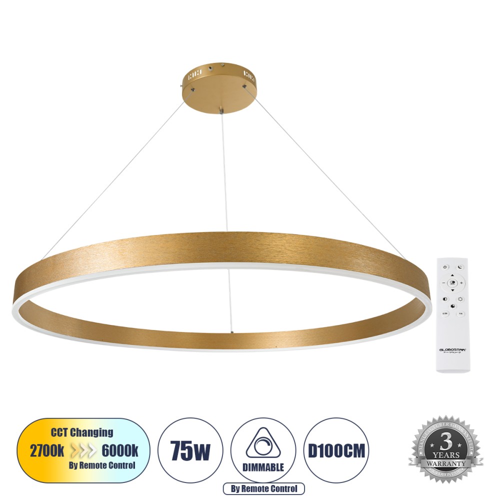 GloboStar® VENOM 61184 Κρεμαστό Φωτιστικό Δαχτυλίδι-Κύκλος LED CCT 75W 8818lm 120° AC 220-240V - Εναλλαγή Φωτισμού μέσω Τηλεχειριστηρίου All In One Ψυχρό 6000K+Φυσικό 4500K+Θερμό 2700K Dimmable Φ100cm - Χρυσό Βούρτσας - 3 Years Warranty