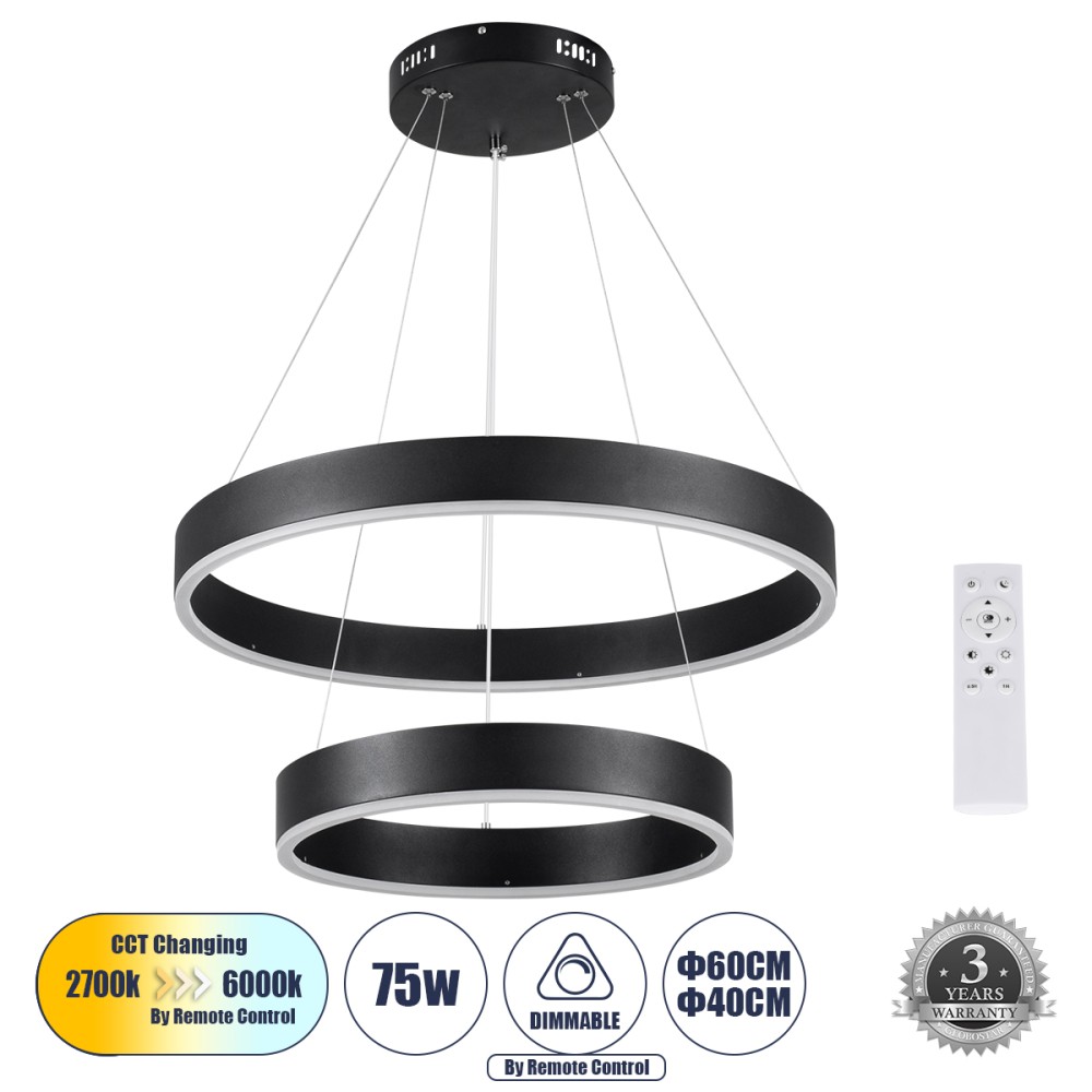 GLOBOSTAR® VENOM DUO 61185 Μοντέρνο Κρεμαστό Φωτιστικό Οροφής LED 75W 8818lm 120° AC 220-240V IP20 Ρυθμιζόμενο Λευκό CCT με Χειριστήριο από 2700K έως 6000K Dimmable - Lumileds SMD Chip - Μαύρο Ματ - Μ60 x Π60 x Υ40cm - 3 Χρόνια Εγγύηση
