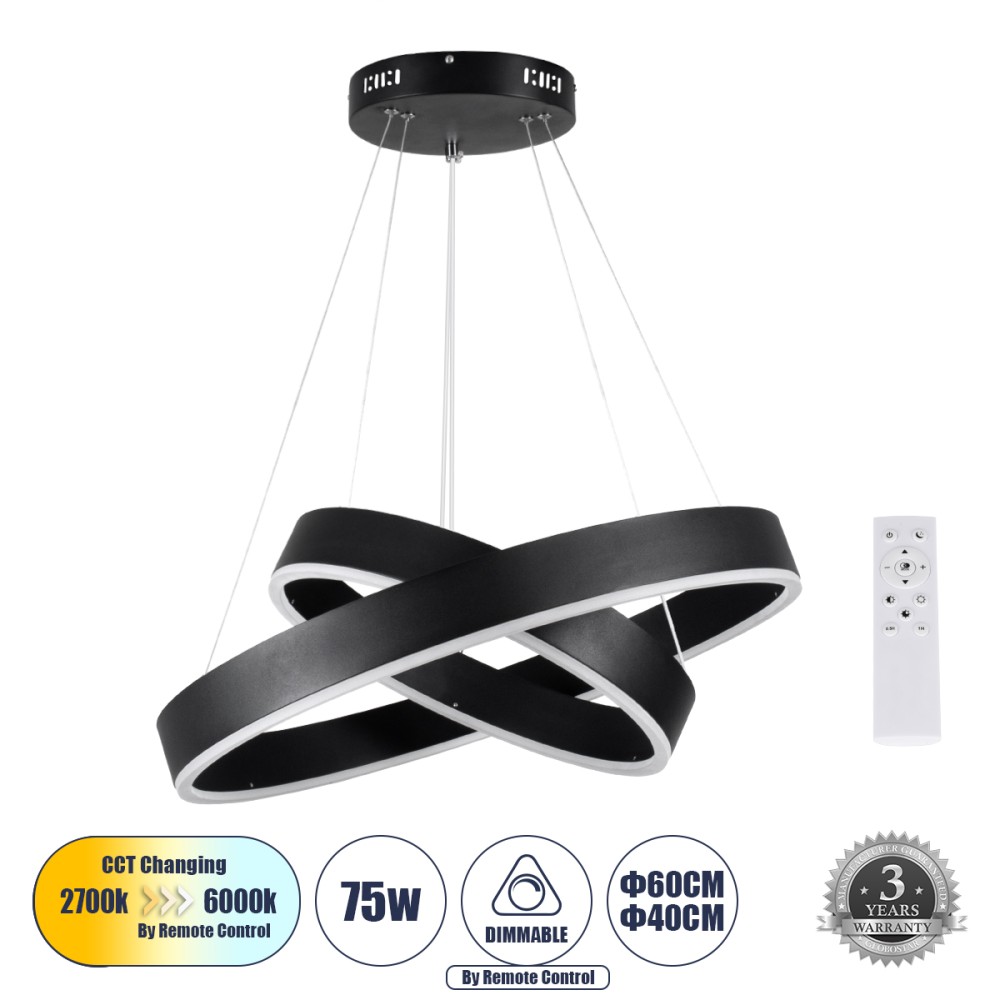 GLOBOSTAR® VENOM DUO 61185-DECO Μοντέρνο Κρεμαστό Φωτιστικό Οροφής LED 75W 8818lm 120° AC 220-240V IP20 Ρυθμιζόμενο Λευκό CCT με Χειριστήριο από 2700K έως 6000K Dimmable - Lumileds SMD Chip - Μαύρο - Μ60 x Π60 x Υ40cm - 3 Χρόνια Εγγύηση