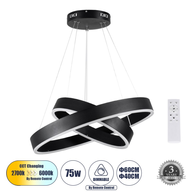 GLOBOSTAR® VENOM DUO 61185-DECO Μοντέρνο Κρεμαστό Φωτιστικό Οροφής LED 75W 8818lm 120° AC 220-240V IP20 Ρυθμιζόμενο Λευκό CCT με Χειριστήριο από 2700K έως 6000K Dimmable - Lumileds SMD Chip - Μαύρο - Μ60 x Π60 x Υ40cm - 3 Χρόνια Εγγύηση