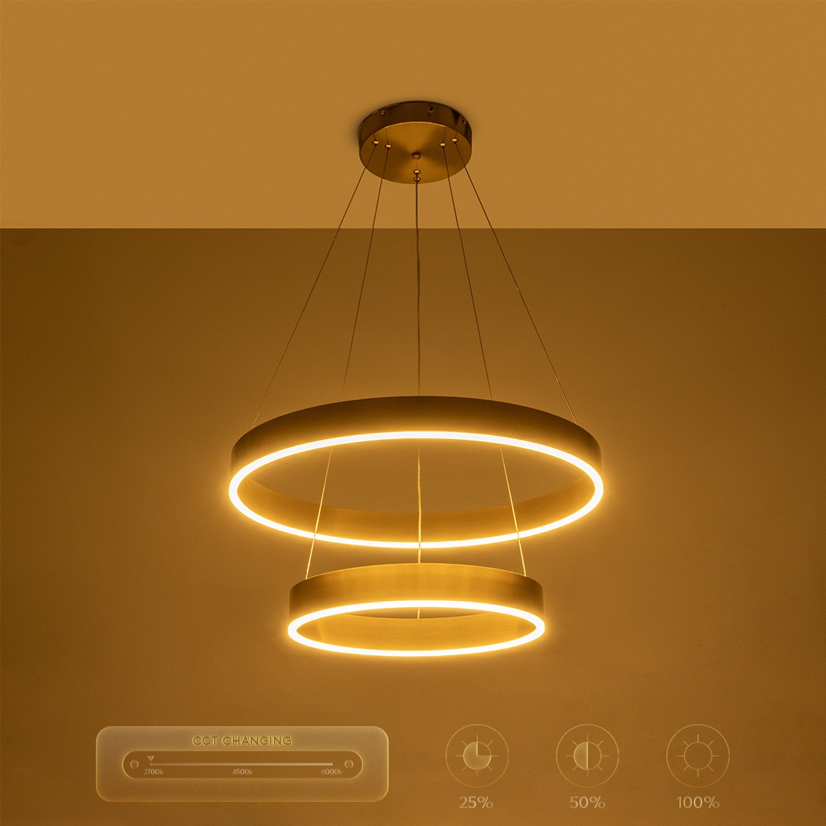 GloboStar® VENOM DUO 61187-DECO Κρεμαστό Φωτιστικό Δαχτυλίδι-Κύκλος LED CCT 75W 8818lm 120° AC 220-240V - Εναλλαγή Φωτισμού μέσω Τηλεχειριστηρίου All In One Ψυχρό 6000K+Φυσικό 4500K+Θερμό 2700K Dimmable Φ60+80cm - Χρυσό Βούρτσας - 3 Years Warranty