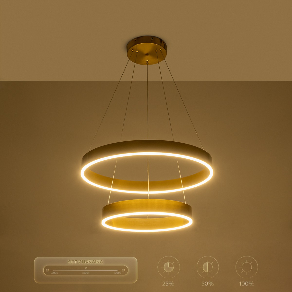 GloboStar® VENOM DUO 61187-DECO Κρεμαστό Φωτιστικό Δαχτυλίδι-Κύκλος LED CCT 75W 8818lm 120° AC 220-240V - Εναλλαγή Φωτισμού μέσω Τηλεχειριστηρίου All In One Ψυχρό 6000K+Φυσικό 4500K+Θερμό 2700K Dimmable Φ60+80cm - Χρυσό Βούρτσας - 3 Years Warranty