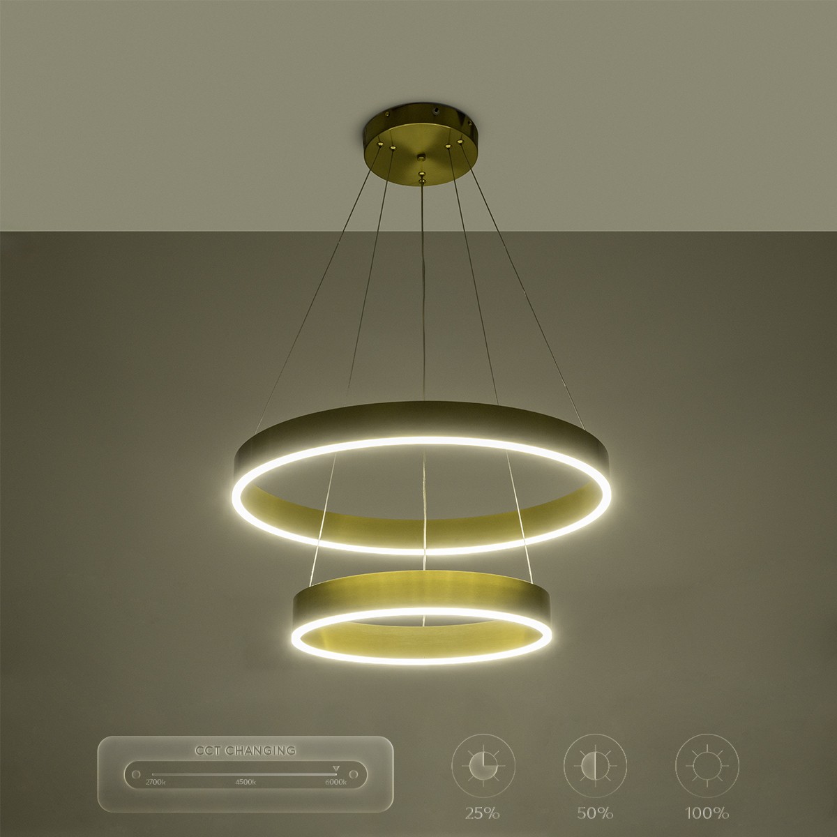 GloboStar® VENOM DUO 61187-DECO Κρεμαστό Φωτιστικό Δαχτυλίδι-Κύκλος LED CCT 75W 8818lm 120° AC 220-240V - Εναλλαγή Φωτισμού μέσω Τηλεχειριστηρίου All In One Ψυχρό 6000K+Φυσικό 4500K+Θερμό 2700K Dimmable Φ60+80cm - Χρυσό Βούρτσας - 3 Years Warranty