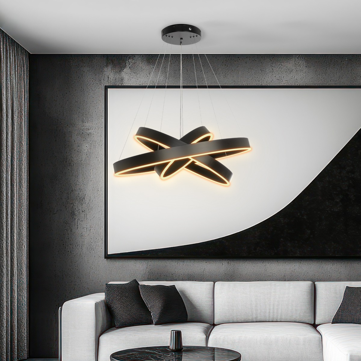 GloboStar® VENOM TRIO 61188-DECO Κρεμαστό Φωτιστικό Δαχτυλίδι-Κύκλος LED CCT 120W 14158lm 120° AC 220-240V - Εναλλαγή Φωτισμού μέσω Τηλεχειριστηρίου All In One Ψυχρό 6000K+Φυσικό 4500K+Θερμό 2700K Dimmable Φ40+60+80cm - Μαύρο - 3 Years Warranty