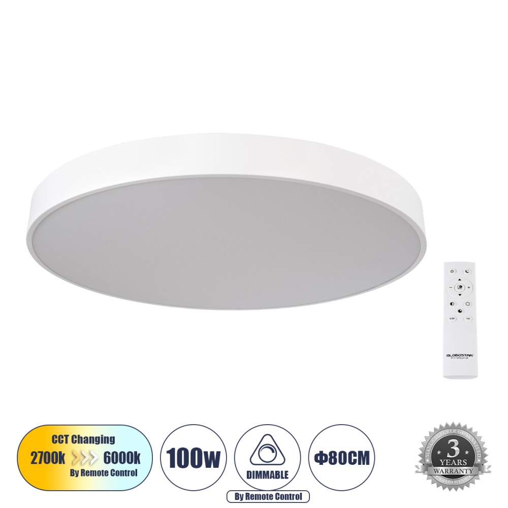 GloboStar® BURTON 61205-P Κρεμαστή Πλαφονιέρα Οροφής LED CCT 100W 11020lm 120° AC 220-240V - Εναλλαγή Φωτισμού μέσω Τηλεχειριστηρίου All In One Ψυχρό 6000k+Φυσικό 4500k+Θερμό 2700k Dimmable Φ80cm - Λευκό - 3 Years Warranty