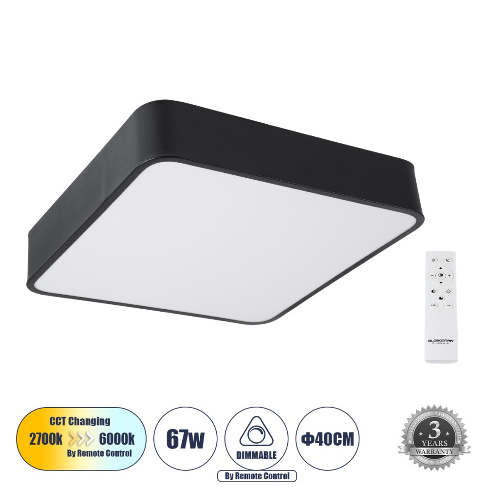 GloboStar® KAMALA 61206-P Κρεμαστή Πλαφονιέρα Οροφής LED CCT 67W 7370lm 120° AC 220-240V - Εναλλαγή Φωτισμού μέσω Τηλεχειριστηρίου All In One Ψυχρό 6000k+Φυσικό 4500k+Θερμό 2700k Dimmable Μ40 x Π40 x Υ8cm- Μαύρο - 3 Years Warranty