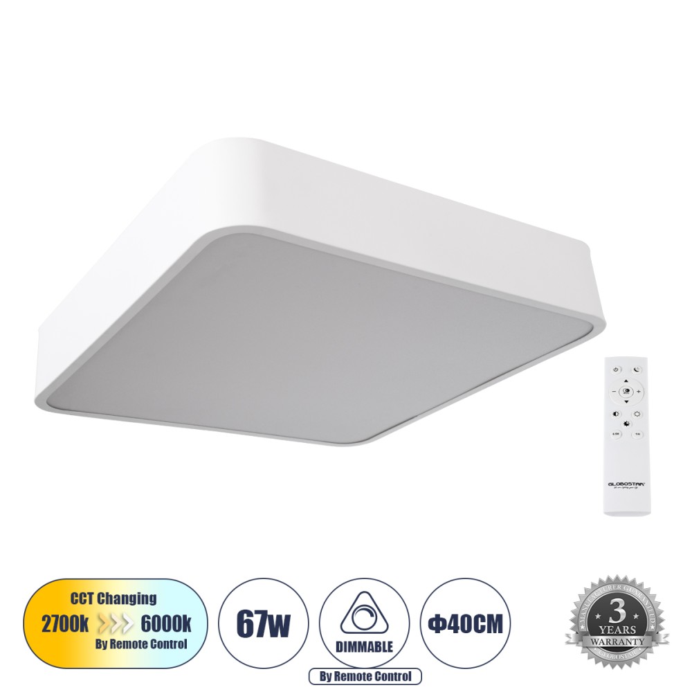 GloboStar® KAMALA 61207-P Κρεμαστή Πλαφονιέρα Οροφής LED CCT 67W 7370lm 120° AC 220-240V - Εναλλαγή Φωτισμού μέσω Τηλεχειριστηρίου All In One Ψυχρό 6000k+Φυσικό 4500k+Θερμό 2700k Dimmable Μ40 x Π40 x Υ8cm - Λευκό - 3 Years Warranty