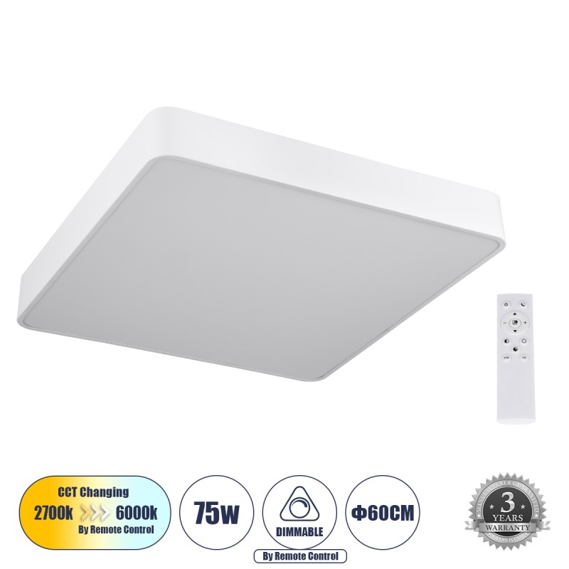 GLOBOSTAR® KAMALA 61209 Μοντέρνο Κρεμαστό Φωτιστικό Οροφής LED 75W 8625lm 120° AC 220-240V IP20 Ρυθμιζόμενο Λευκό CCT με Χειριστήριο από 2700K έως 6000K Dimmable - Lumileds SMD Chip - Λευκό Ματ - Μ60 x Π60 x Υ8cm - 3 Χρόνια Εγγύηση