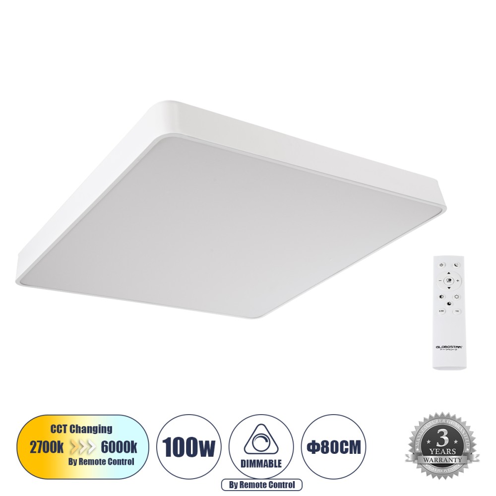 GloboStar® KAMALA 61211-P Κρεμαστή Πλαφονιέρα Οροφής LED CCT 100W 11020lm 120° AC 220-240V - Εναλλαγή Φωτισμού μέσω Τηλεχειριστηρίου All In One Ψυχρό 6000k+Φυσικό 4500k+Θερμό 2700k Dimmable Μ80 x Π80 x Υ8cm - Λευκό - 3 Years Warranty