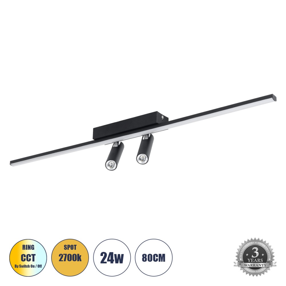 GLOBOSTAR® BARETTI 61226 Φωτιστικό Οροφής Linear Design LED CCT με Κινούμενα Σποτ LED Downlight 24W 2688lm 160° & 45° AC 220-240V IP20  - Εναλλαγή Φωτισμού μέσω Διακόπτη On/Off All In One Ψυχρό 6000k+Φυσικό 4500k+Θερμό 2700k - Μ80 x Π5.5 x Υ5 cm - Μαύ