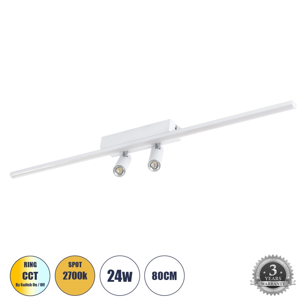 GLOBOSTAR® BARETTI 61227 Φωτιστικό Οροφής Linear Design LED CCT με Κινούμενα Σποτ LED Downlight 24W 2688lm 160° & 45° AC 220-240V IP20  - Εναλλαγή Φωτισμού μέσω Διακόπτη On/Off All In One Ψυχρό 6000k+Φυσικό 4500k+Θερμό 2700k - Μ80 x Π5.5 x Υ5 cm - Λευ