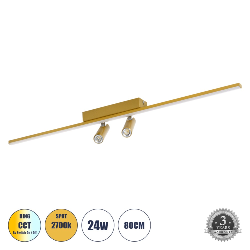 GLOBOSTAR® BARETTI 61228 Φωτιστικό Οροφής Linear Design LED CCT με Κινούμενα Σποτ LED Downlight 24W 2688lm 160° & 45° AC 220-240V IP20  - Εναλλαγή Φωτισμού μέσω Διακόπτη On/Off All In One Ψυχρό 6000k+Φυσικό 4500k+Θερμό 2700k - Μ80 x Π5.5 x Υ5 cm - Χρυ