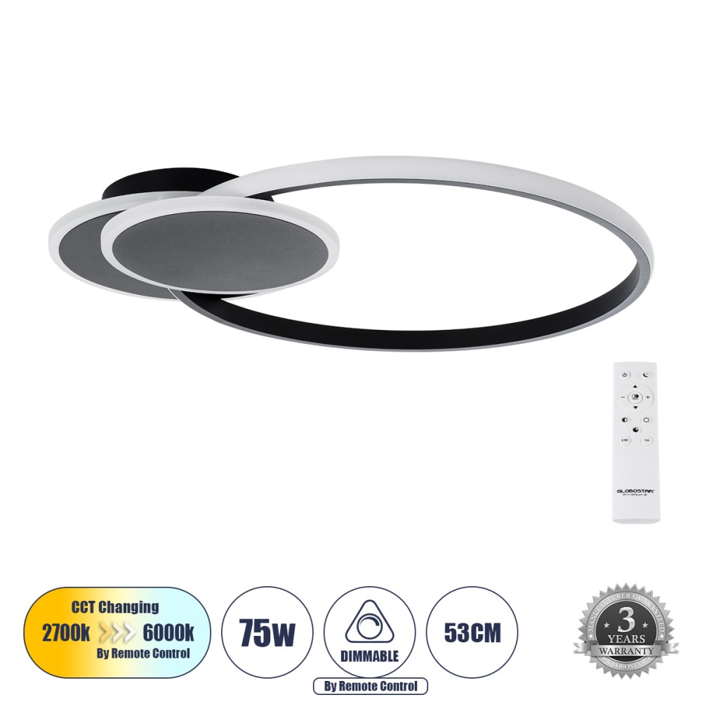 GLOBOSTAR® CIRCUO 61229 Μοντέρνο Φωτιστικό Οροφής LED 75W 8400lm 360° AC 220-240V IP20 Ρυθμιζόμενο Λευκό CCT με Χειριστήριο από 2700K έως 6000K Dimmable - Lumileds SMD Chip - Μαύρο Ματ - Μ53 x Π42.5 x Υ9cm - 3 Χρόνια Εγγύηση