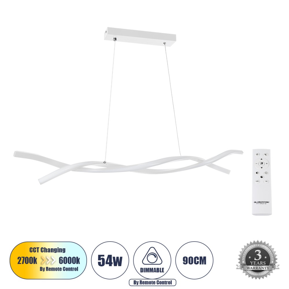 GLOBOSTAR® MORALES 61276 Μοντέρνο Κρεμαστό Φωτιστικό Οροφής LED 54W 6048lm 300° AC 220-240V IP20 Ρυθμιζόμενο Λευκό CCT με Χειριστήριο από 2700K έως 6000K Dimmable - Lumileds SMD Chip - Λευκό Ματ - Μ90 x Π14 x Υ14cm - 3 Χρόνια Εγγύηση