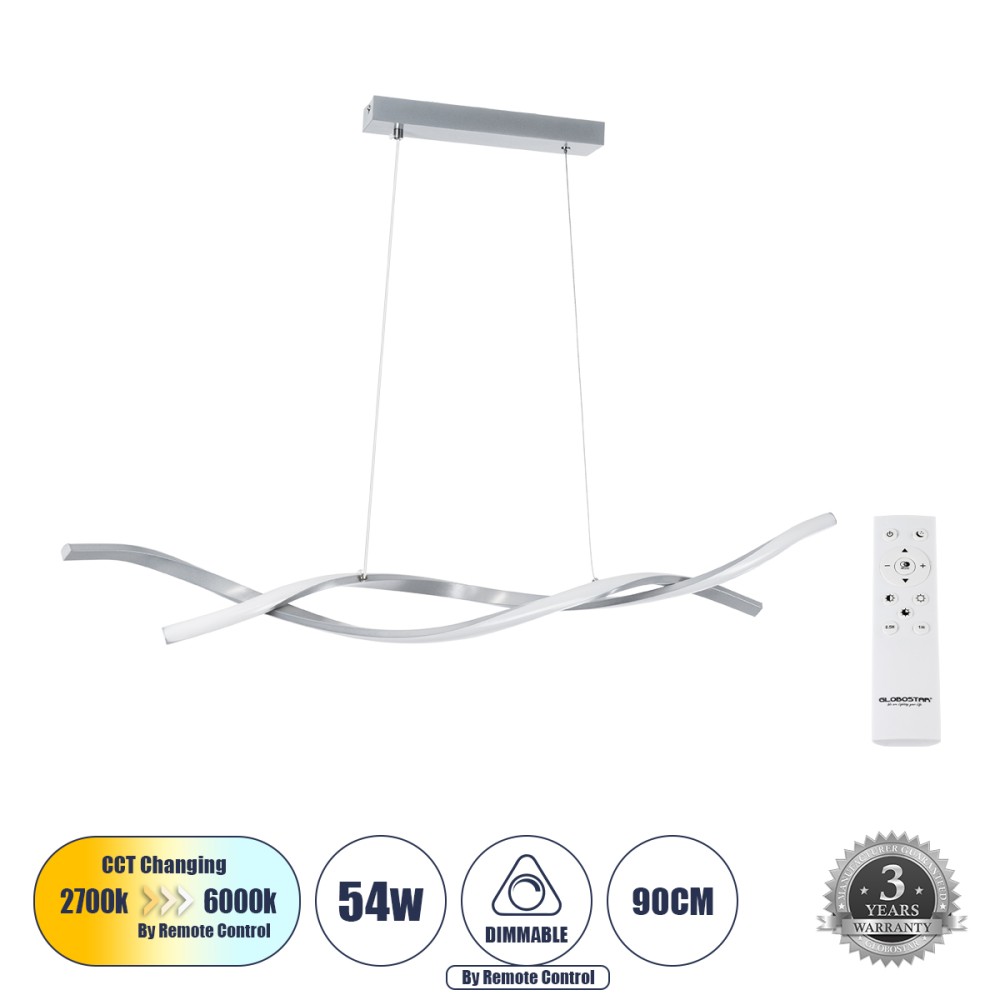 GLOBOSTAR® MORALES 61277 Μοντέρνο Κρεμαστό Φωτιστικό Οροφής LED 54W 6048lm 300° AC 220-240V IP20 Ρυθμιζόμενο Λευκό CCT με Χειριστήριο από 2700K έως 6000K Dimmable - Lumileds SMD Chip - Νίκελ Βούρτσας - Μ90 x Π14 x Υ14cm - 3 Χρόνια Εγγύηση