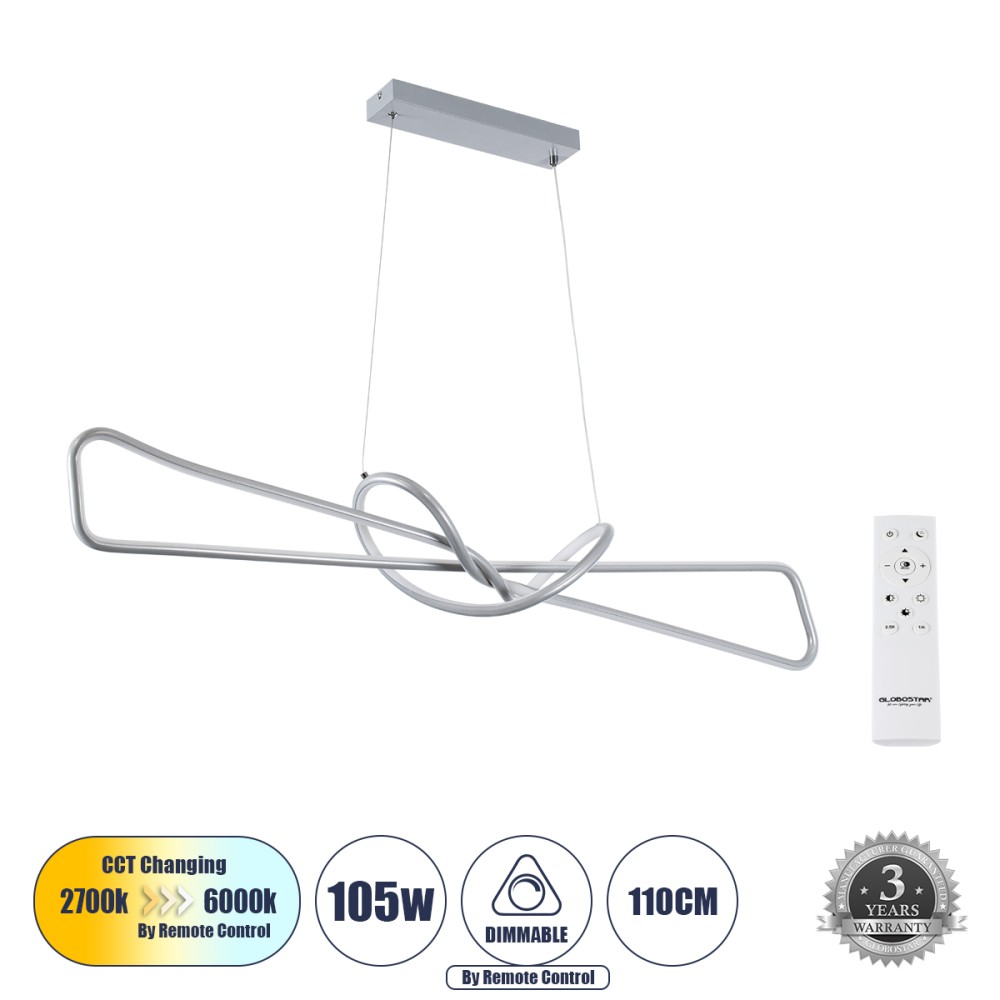 GloboStar® DOLORES 61281 Κρεμαστό Φωτιστικό Οροφής Design LED CCT 105W 11760lm 300° AC 220-240V - Εναλλαγή Φωτισμού μέσω Τηλεχειριστηρίου All In One Ψυχρό 6000k+Φυσικό 4500k+Θερμό 2700k Dimmable Μ110 x Π17 x Υ17.5cm - Νίκελ Βούρτσας - 3 Years Warranty