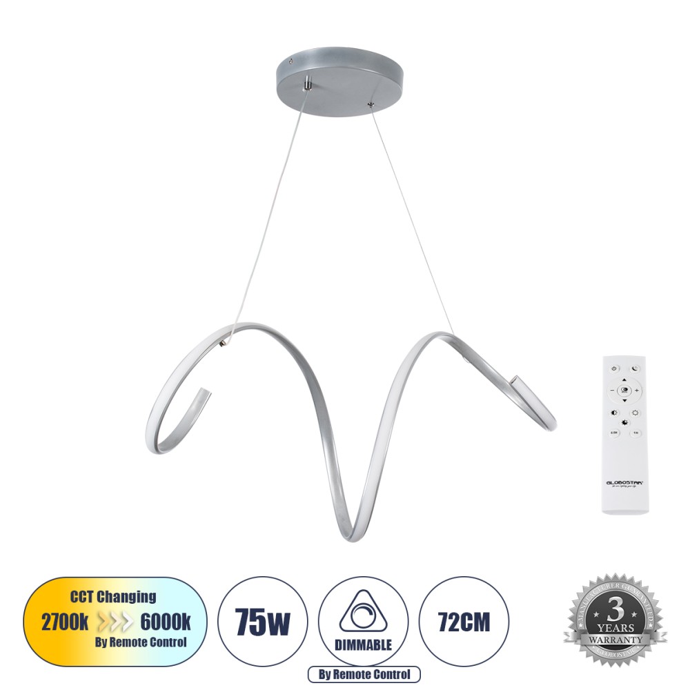GLOBOSTAR® SPIRALE 61285 Μοντέρνο Κρεμαστό Φωτιστικό Οροφής LED 75W 8400lm 300° AC 220-240V IP20 Ρυθμιζόμενο Λευκό CCT με Χειριστήριο από 2700K έως 6000K Dimmable - Lumileds SMD Chip - Νίκελ Βούρτσας - Μ72 x Π25 x Υ30cm - 3 Χρόνια Εγγύηση