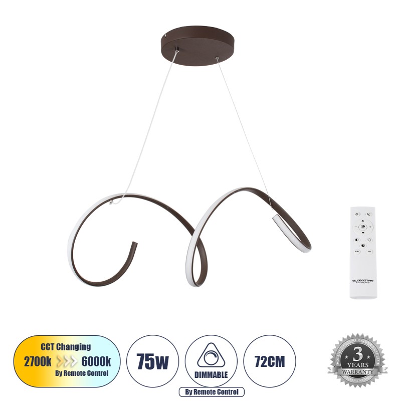 GLOBOSTAR® SPIRALE 61287 Μοντέρνο Κρεμαστό Φωτιστικό Οροφής LED 75W 8400lm 300° AC 220-240V IP20 Ρυθμιζόμενο Λευκό CCT με Χειριστήριο από 2700K έως 6000K Dimmable - Lumileds SMD Chip - Καφέ Ματ - Μ72 x Π25 x Υ30cm - 3 Χρόνια Εγγύηση
