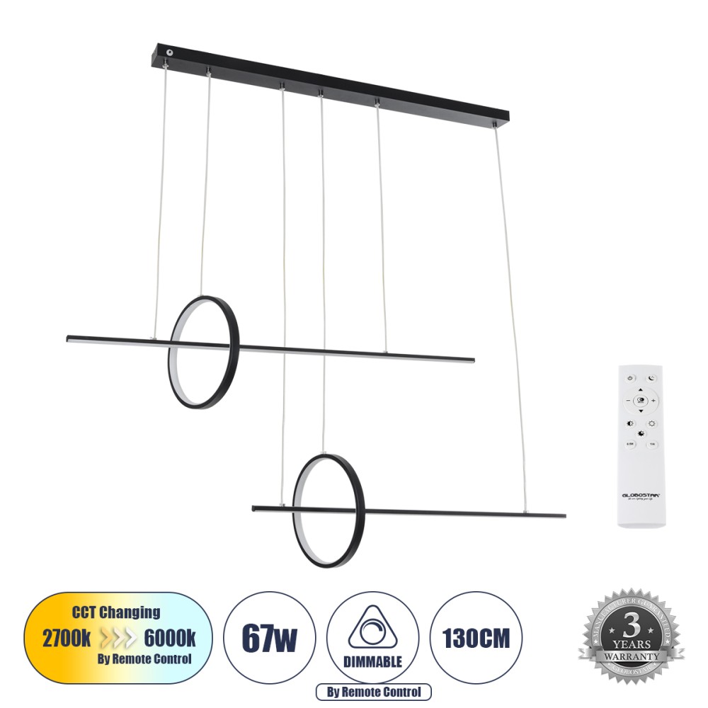 GLOBOSTAR® LINEARE 61290 Μοντέρνο Κρεμαστό Φωτιστικό Οροφής LED 67W 7504lm 300° AC 220-240V IP20 Ρυθμιζόμενο Λευκό CCT με Χειριστήριο από 2700K έως 6000K Dimmable - Lumileds SMD Chip - Μαύρο Ματ - Μ130 x Π25 x Υ60cm - 3 Χρόνια Εγγύηση
