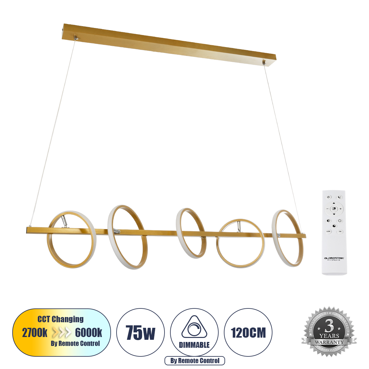 GloboStar® CIRCOLARE 61322 Κρεμαστό Φωτιστικό Οροφής Design LED CCT 75W 8400lm 360° AC 220-240V - Εναλλαγή Φωτισμού μέσω Τηλεχειριστηρίου All In One Ψυχρό 6000k+Φυσικό 4500k+Θερμό 2700k Dimmable Μ120 x Π25 x Υ25cm - Χρυσό - 3 Χρόνια Εγγύηση