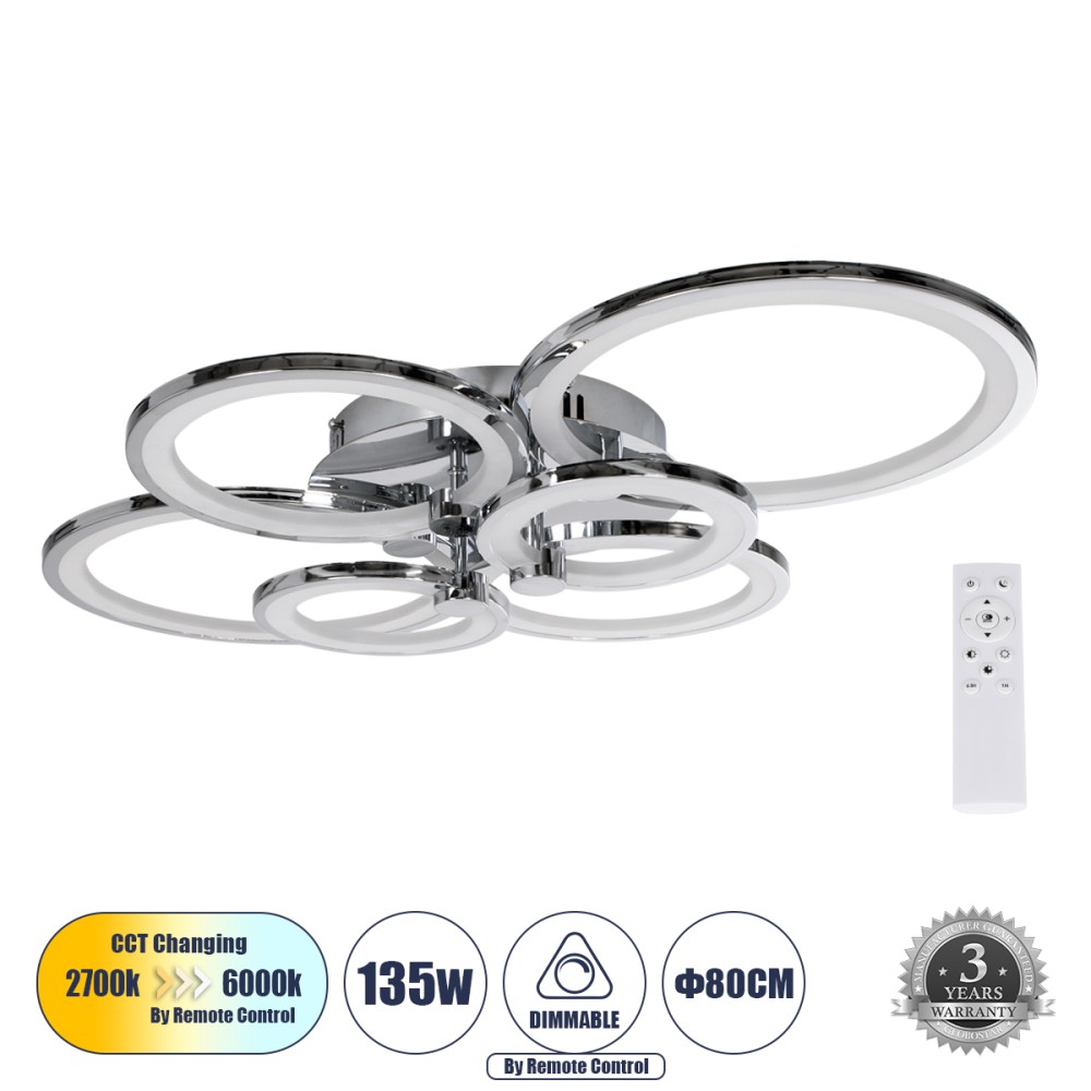 GloboStar® ROYAL-R 61324 Φωτιστικό Οροφής Design LED CCT 135W 16200lm 360° AC 220-240V - Εναλλαγή Φωτισμού μέσω Τηλεχειριστηρίου All In One Ψυχρό 6000k+Φυσικό 4500k+Θερμό 2700k Dimmable - Μ80.5 x Π59 x Υ12cm - Ασημί Νίκελ - 3 Years Warranty