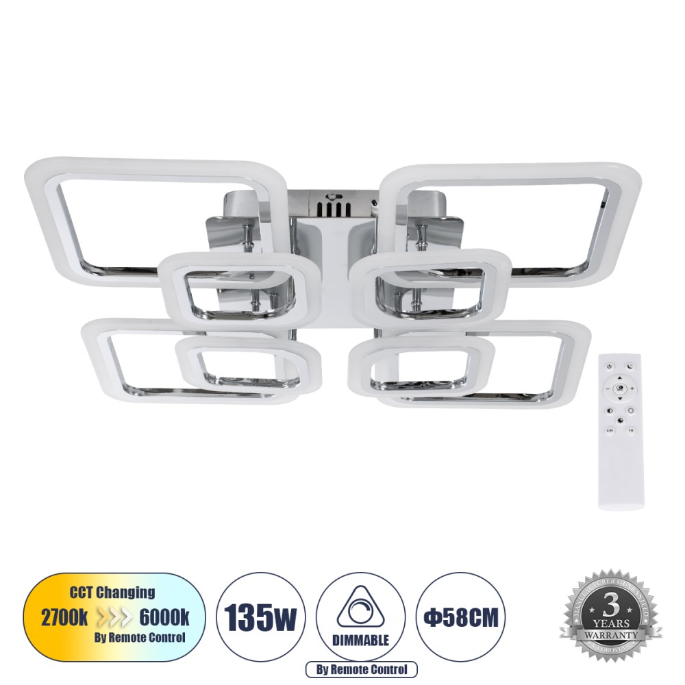 GloboStar® ROYAL-S 61326 Φωτιστικό Οροφής Design LED CCT 135W 16200lm 360° AC 220-240V - Εναλλαγή Φωτισμού μέσω Τηλεχειριστηρίου All In One Ψυχρό 6000k+Φυσικό 4500k+Θερμό 2700k Dimmable Μ58.5 x Π58.5 x Υ12cm - Ασημί Νίκελ - 3 Years Warranty