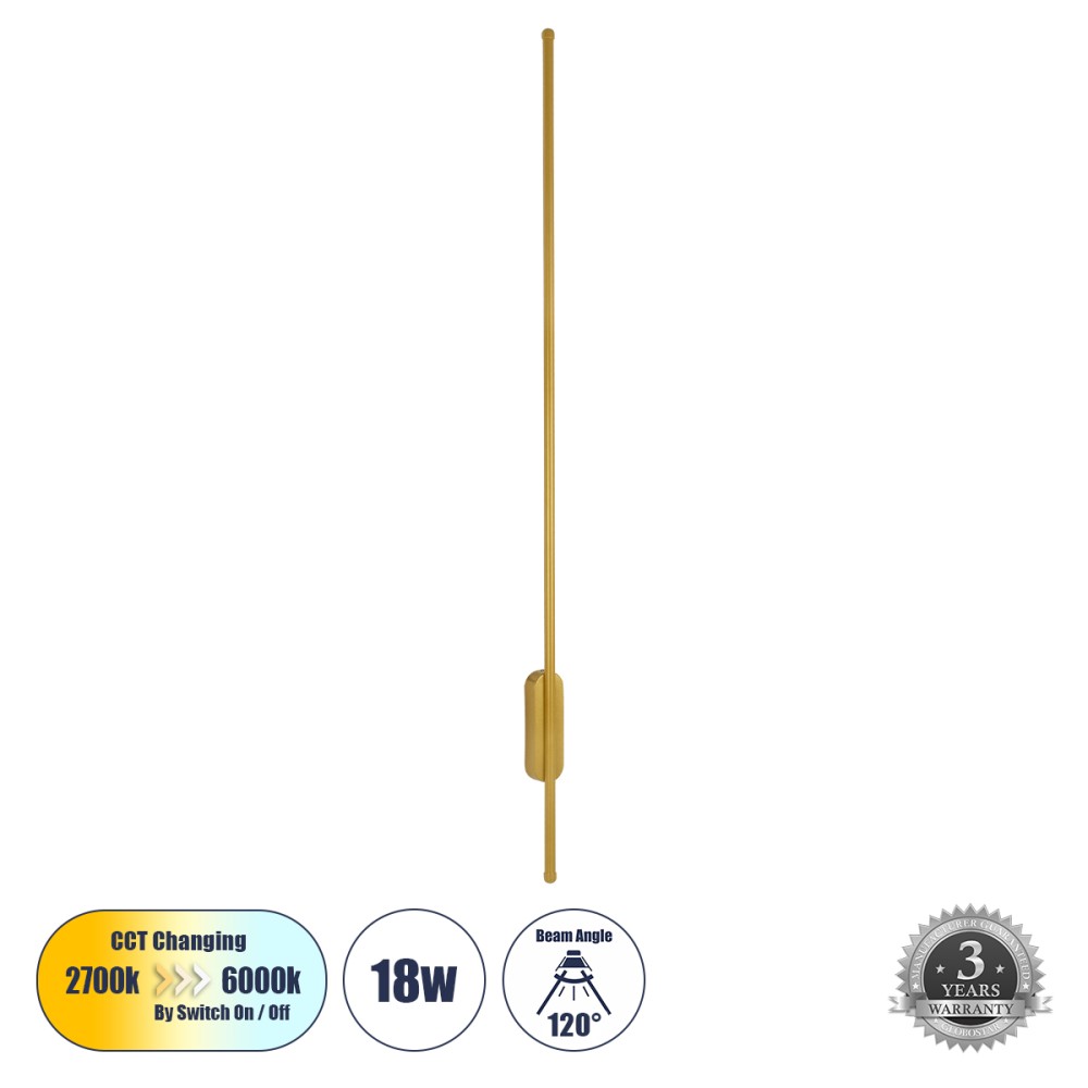GLOBOSTAR® HARLEM 61336 Μοντέρνο Φωτιστικό Τοίχου - Απλίκα LED 18W 2160lm 120° AC 220-240V IP20 Ρυθμιζόμενο Λευκό CCT με On/Off 2700K/4500K/6000K - Lumileds SMD Chip - Χρυσό Βούρτσας - Μ5 x Π4 x Υ120cm - 3 Χρόνια Εγγύηση