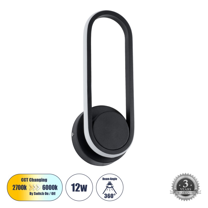 GLOBOSTAR® DALLAS 61345 Μοντέρνο Φωτιστικό Τοίχου - Απλίκα LED 12W 1440lm 360° AC 220-240V IP20 Ρυθμιζόμενο Λευκό CCT με On/Off 2700K/4500K/6000K - Lumileds SMD Chip - Μαύρο Ματ - Μ12 x Π6.5 x Υ32cm - 3 Χρόνια Εγγύηση