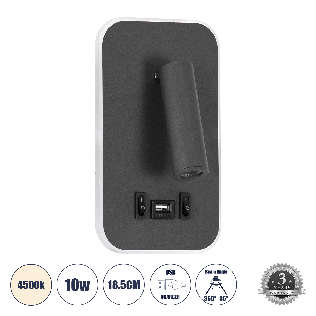 GloboStar® LADY-O 61365 Μοντέρνο Φωτιστικό Τοίχου - Απλίκα Ξενοδοχείου Bed Side LED 10W 1000lm 36° & 360° AC 220-240V - Reading Light & Κρυφός Φωτισμός - Φορτιστής USB 3A - Μ10.5 x Π10 x Υ18.5cm - Φυσικό Λευκό 4500K - Γκρι Ανθρακί - 3 Χρόνια Εγγύη