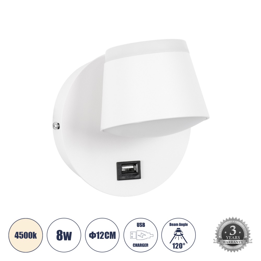 GLOBOSTAR® REGENCY 61374 Μοντέρνο Φωτιστικό Τοίχου - Απλίκα Ξενοδοχείου Reading Light με Φορτιστή USB 3A LED 8W 920lm 120° AC 220-240V IP20 Φυσικό Λευκό 4500K - Λευκό - Μ12 x Π12 x Υ13cm - 3 Χρόνια Εγγύηση