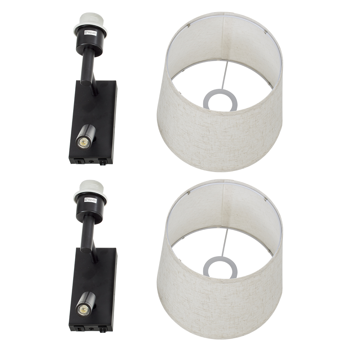 GloboStar® ROULETTE-R 61379 Μοντέρνο Φωτιστικό Τοίχου - Απλίκα Ξενοδοχείου Bed Side LED 3W 360lm & 1 x E27 36° & 360° AC 220-240V - Reading Up/Down Light - Φορτιστής USB 3A - Μ22 x Π23.5 x Υ37cm - Φυσικό Λευκό 4500K - Μαύρο με Μπεζ Καπέλο - Σετ 2