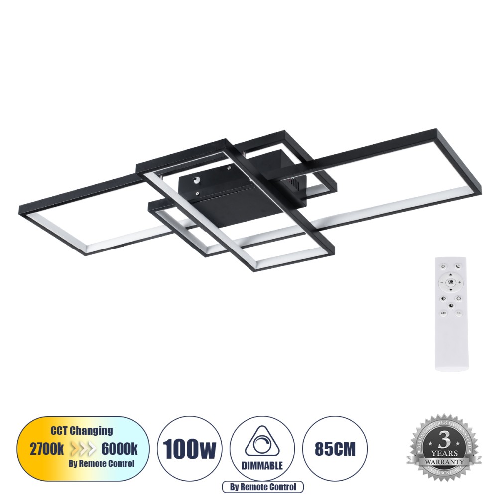 GLOBOSTAR® QUADRA 61385 Μοντέρνο Φωτιστικό Οροφής LED 100W 12000lm 120° AC 220-240V IP20 Ρυθμιζόμενο Λευκό CCT με Χειριστήριο από 2700K έως 6000K Dimmable - Lumileds SMD Chip - Μαύρο Ματ - Μ85 x Π45 x Υ9cm - 3 Χρόνια Εγγύηση