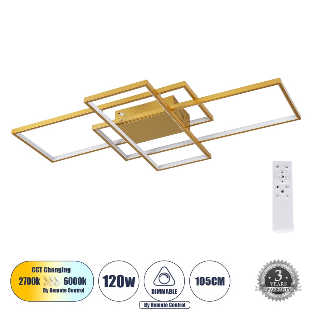 GLOBOSTAR® QUADRA 61390 Μοντέρνο Φωτιστικό Οροφής LED 120W 14400lm 120° AC 220-240V IP20 Ρυθμιζόμενο Λευκό CCT με Χειριστήριο από 2700K έως 6000K Dimmable - Lumileds SMD Chip - Χρυσό Βούρτσας - Μ105 x Π60 x Υ19cm - 3 Χρόνια Εγγύηση