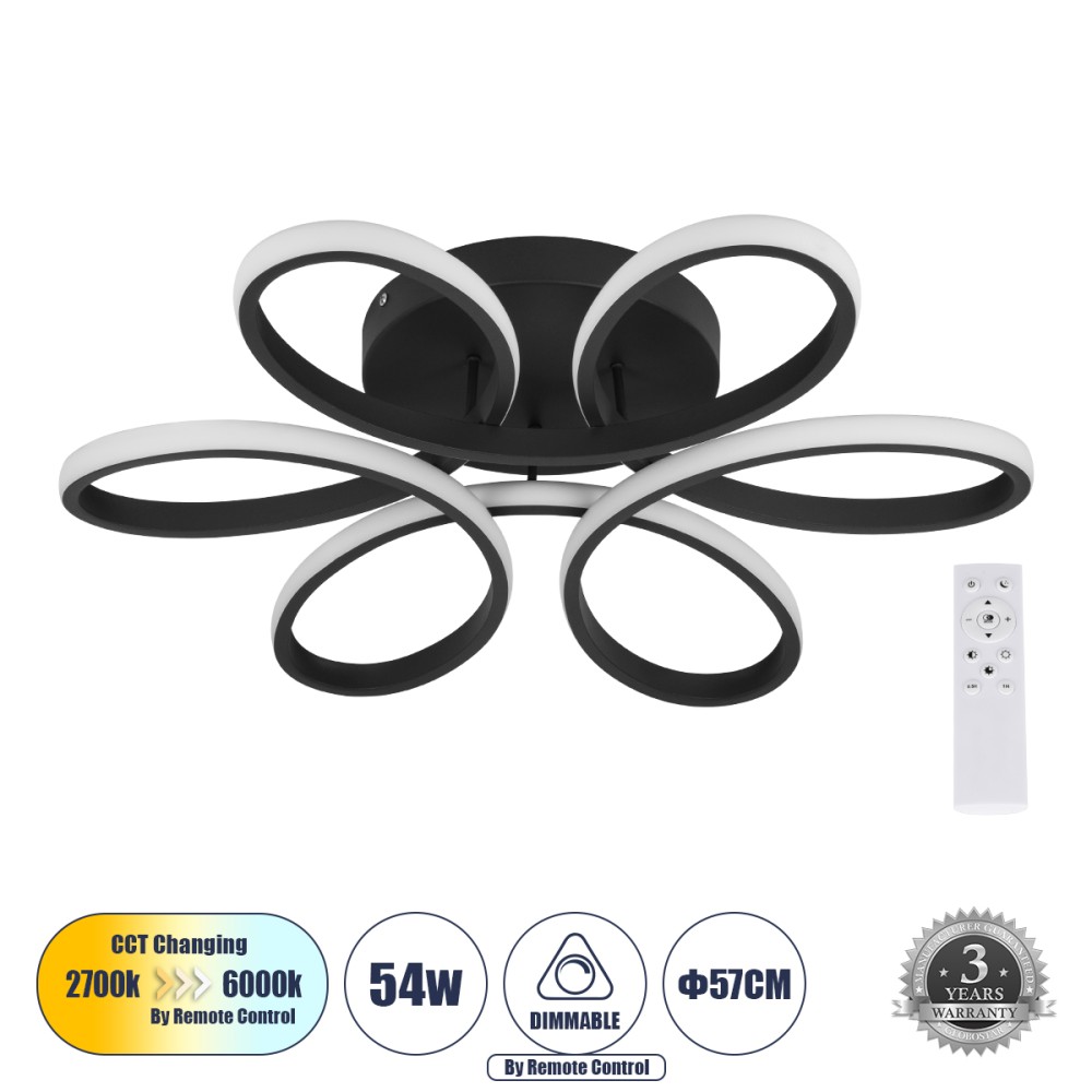 GLOBOSTAR® MARGARET 61400 Μοντέρνο Φωτιστικό Οροφής LED 54W 6210lm 360° AC 220-240V IP20 Ρυθμιζόμενο Λευκό CCT με Χειριστήριο από 2700K έως 6000K Dimmable - Lumileds SMD Chip - Μαύρο Ματ - Μ57 x Π57 x Υ12cm - 3 Χρόνια Εγγύηση