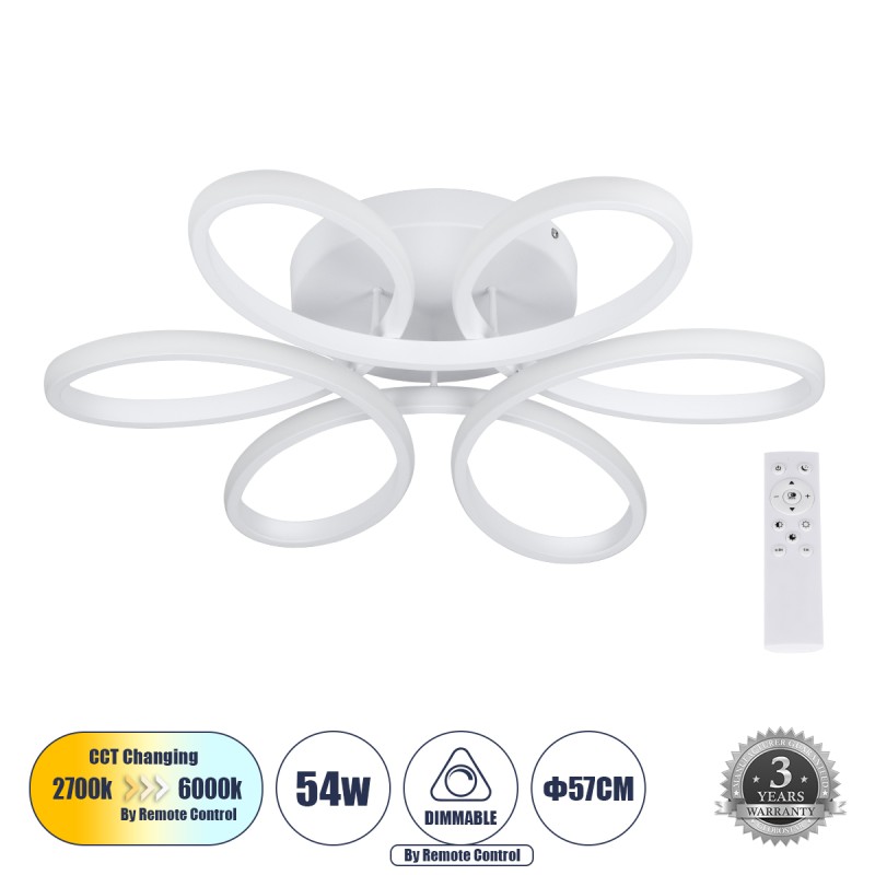 GLOBOSTAR® MARGARET 61401 Μοντέρνο Φωτιστικό Οροφής LED 54W 6210lm 360° AC 220-240V IP20 Ρυθμιζόμενο Λευκό CCT με Χειριστήριο από 2700K έως 6000K Dimmable - Lumileds SMD Chip - Λευκό Ματ - Μ57 x Π57 x Υ12cm - 3 Χρόνια Εγγύηση