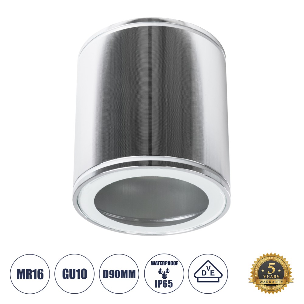 GloboStar® MARETTI 61448 Επιφανειακό Στρόγγυλο Φωτιστικό Σποτ με Ντουί 1 x GU10 VDE Certified AC 220-240V Αδιάβροχο IP65 - Σώμα Αλουμινίου & Υψηλής Αντοχής Tempered Glass - Φ9 x Υ9cm - Ασημί Νίκελ - 5 Χρόνια Εγγύηση