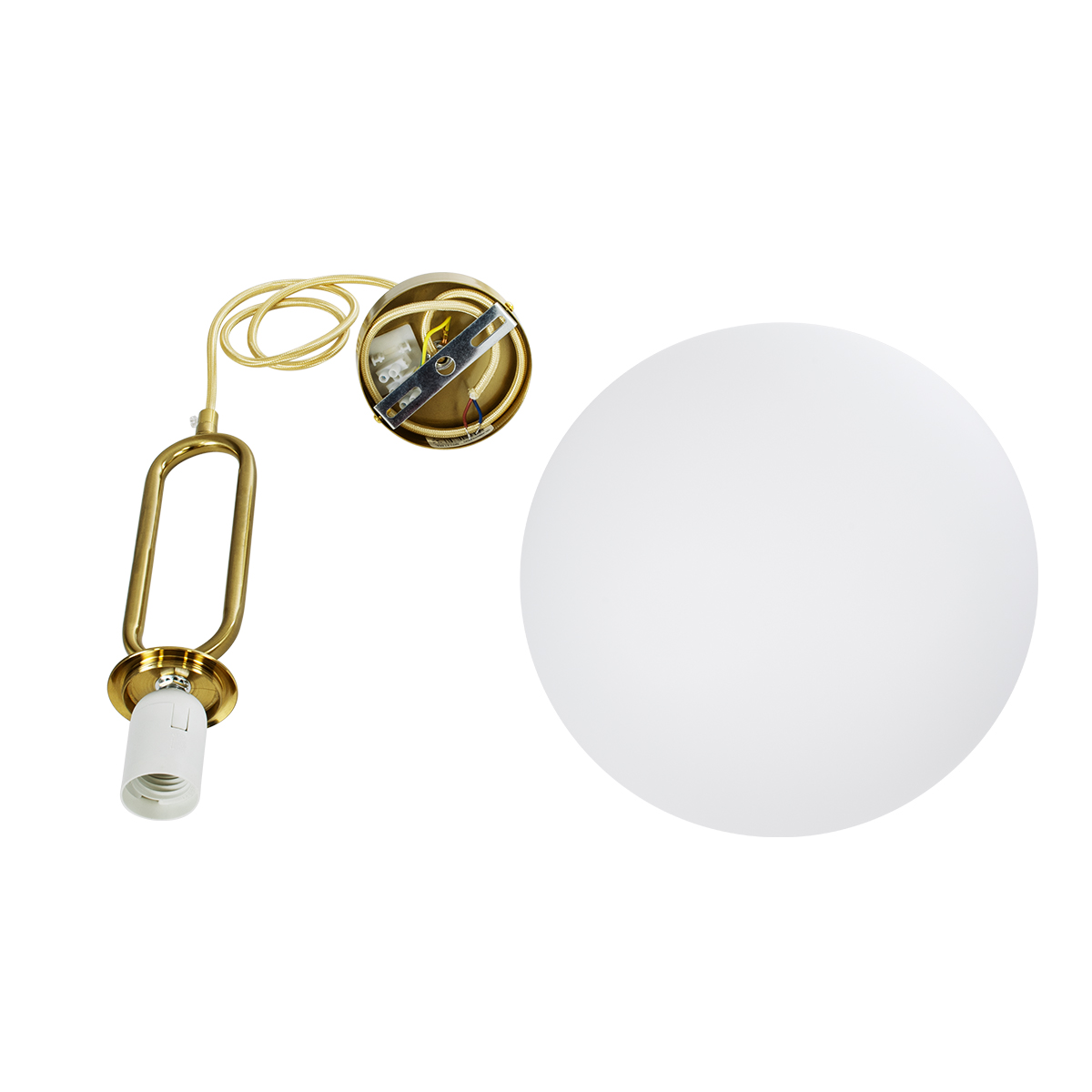 GloboStar® BELLISSIMO 61487 Μοντέρνο Κρεμαστό Φωτιστικό Μπάλα Μονόφωτο 1 x E27 IP20 Λευκό Γυαλί με Χρυσό Μέταλλο - Μ30 x Π30 x Υ52cm