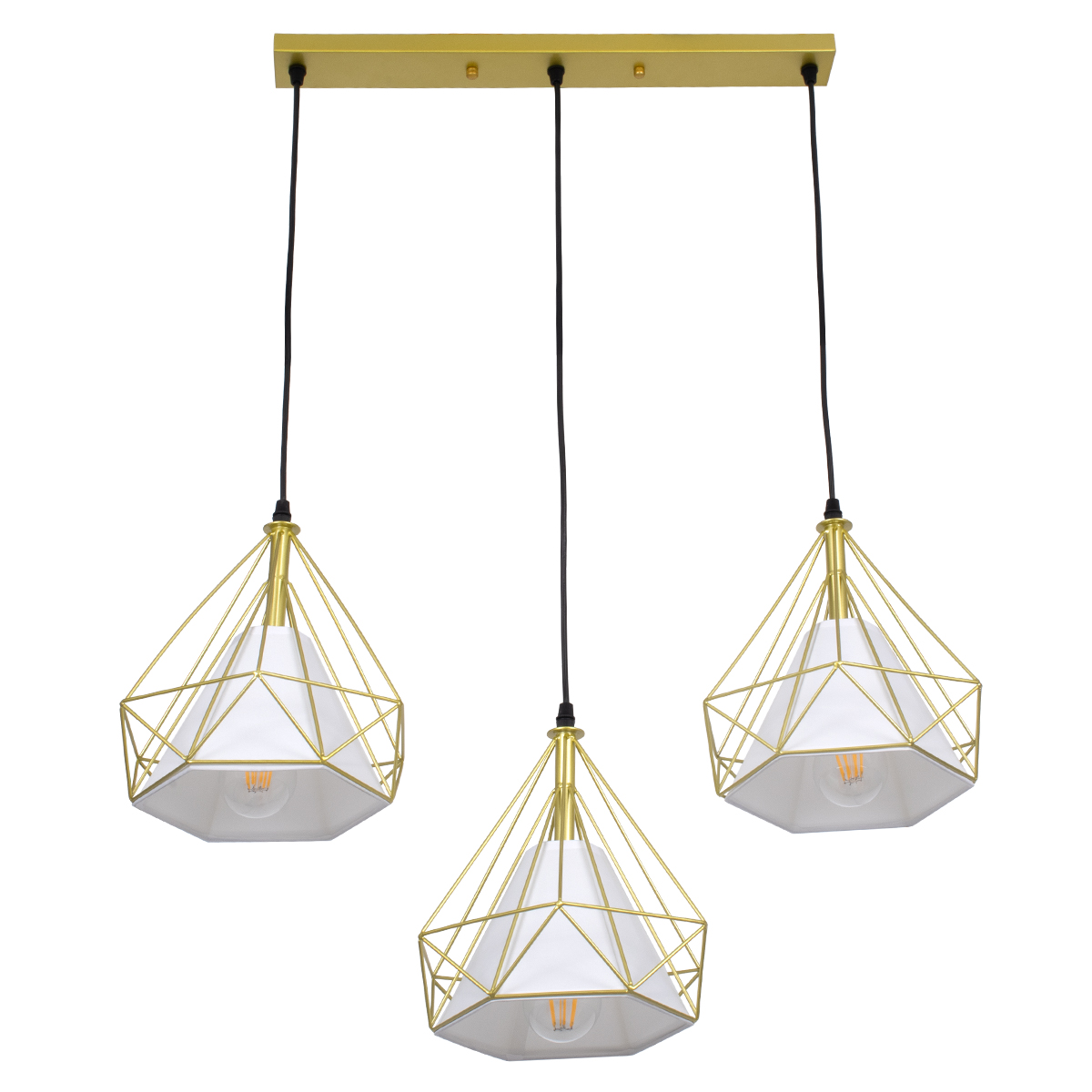 GloboStar® EIFFEL 61571 Vintage Κρεμαστό Φωτιστικό Ράγα Τρίφωτο 3 x E27 IP20 Χρυσό Μέταλλο με Λευκό Ύφασμα - Μ68 x Π25 x Υ130cm