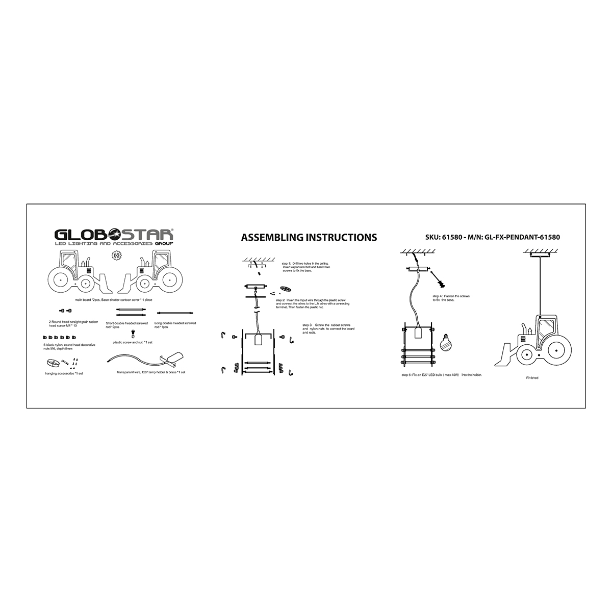 GloboStar® TRACTOR 61580 Παιδικό Κρεμαστό Φωτιστικό Φιγούρα Μονόφωτο 1 x E27 IP20 Μπλε, Μαύρο & Λευκό Πλαστικό - Μ40 x Π15.5 x Υ26.5cm